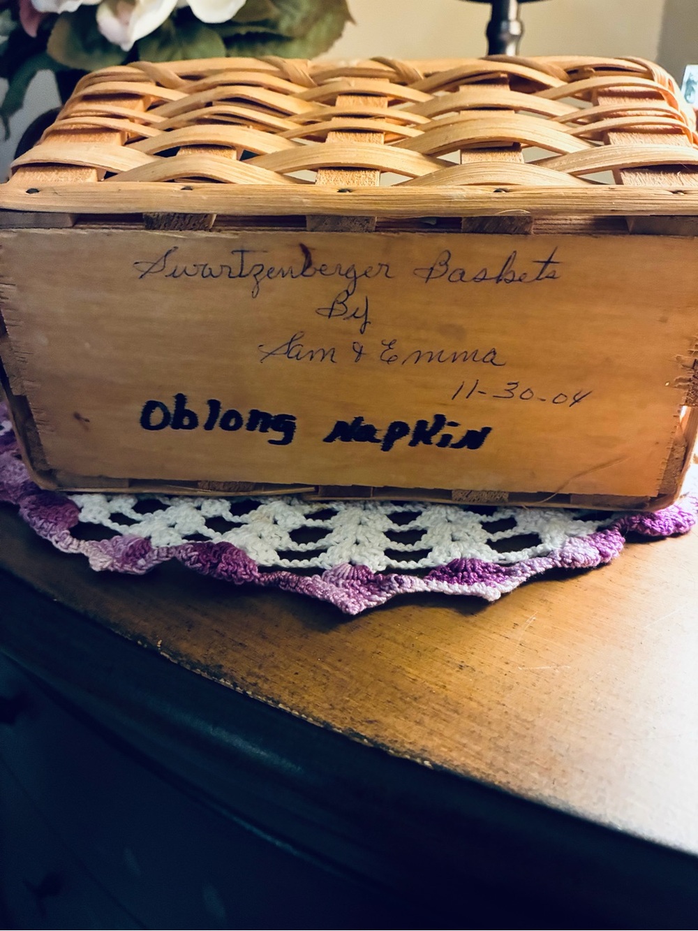 Amish signed dated Rectangular Basket with Dark Brown leather Handles - Picture 2 of 5